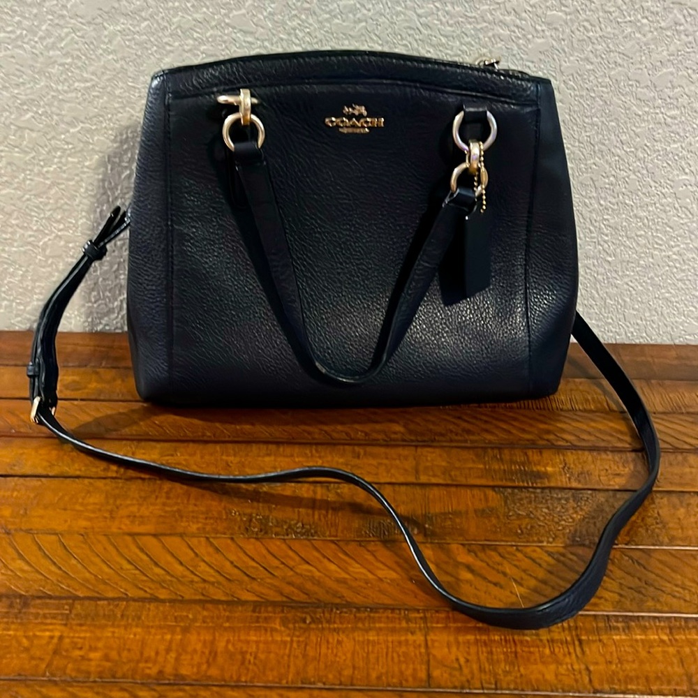 Dark Navy Leather Coach Handbag with Crossbody Strap